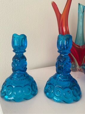 pair of vintage L.E. Smith "Moon and Stars" patterned glass candlestick holders